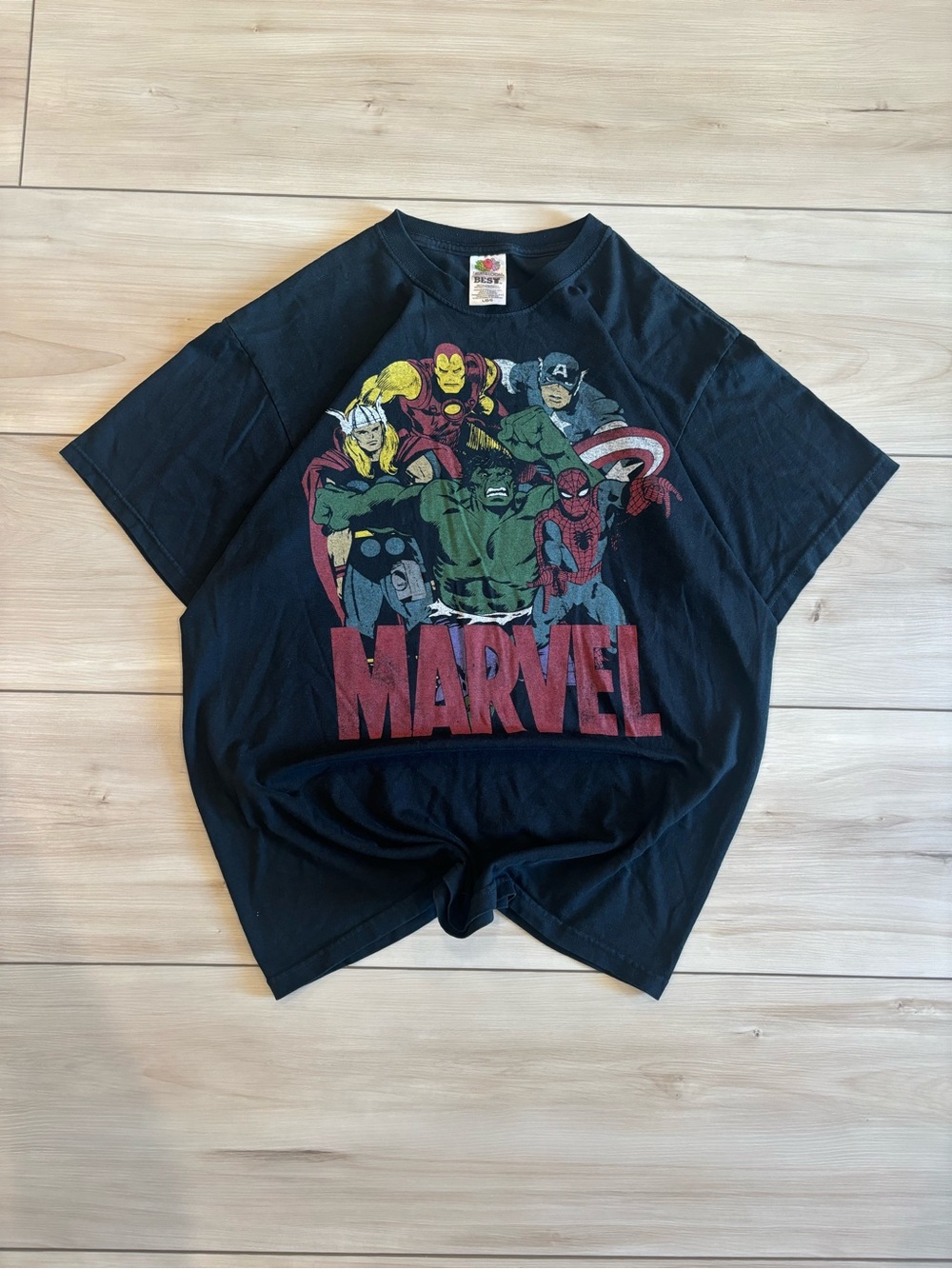 90s Vintage Marvel Mens Black Tee with Red Logo and Multicolor Avengers Print